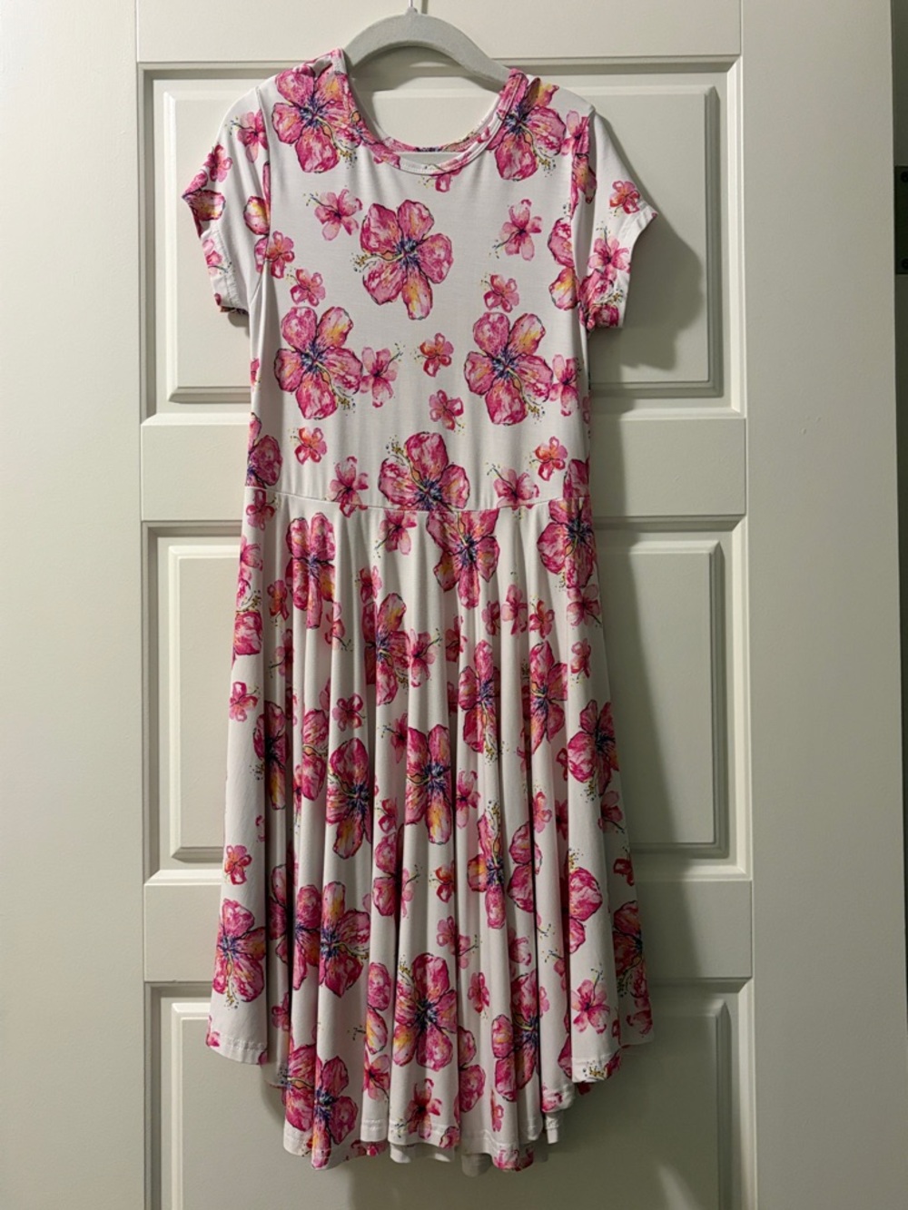 Girls' White Dress with Pink Floral Print - Short Sleeve Twirl Dress